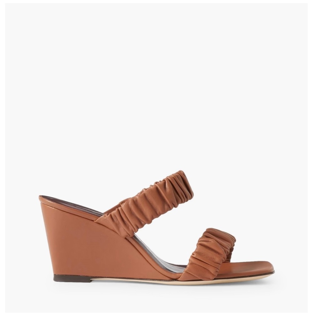 STAUD Tan Ruched Double-Strap Wedge Sandals